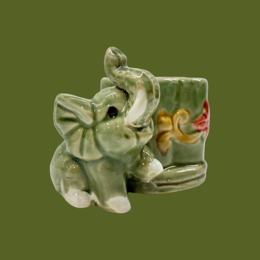 Vintage Green Smiling‎ Elephant Planter, Indoor Herb Succulent Planter